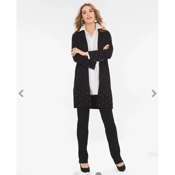 Chico's Pleated Faux-Pearl Accent Classy Long Open Cardigan Black Size 3P - Picture 2 of 10